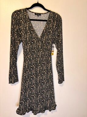 Lily Morgan Black Floral Long Sleeve Mini Dress XL NWT Tie Back Ruffle Hem